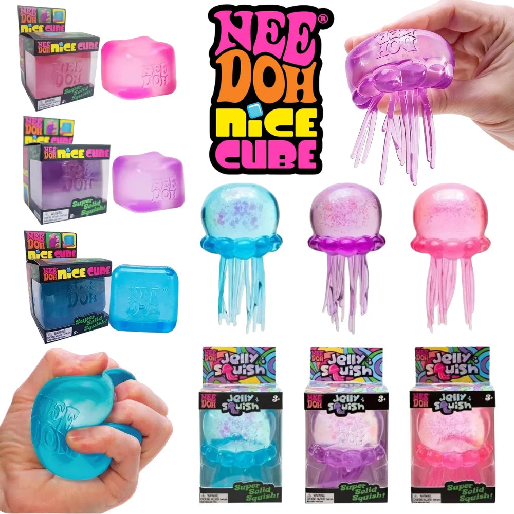 Trending Nee Doh Jellyfish & Cube Squish Toy, Soft Jelly Squeeze Stress Relief Fidget Toy, Sensory Needoh for Kids & Adults