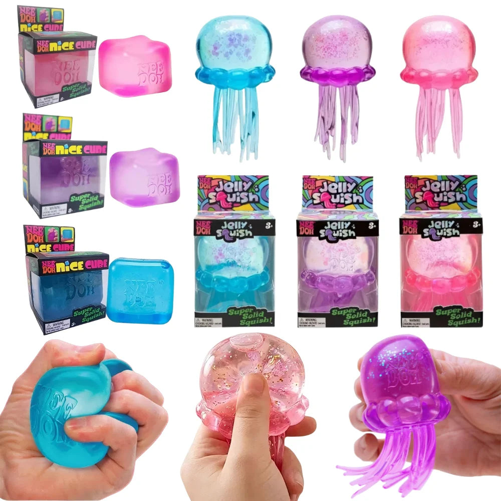 Trending Nee Doh Jellyfish & Cube Squish Toy, Soft Jelly Squeeze Stress Relief Fidget Toy, Sensory Needoh for Kids & Adults