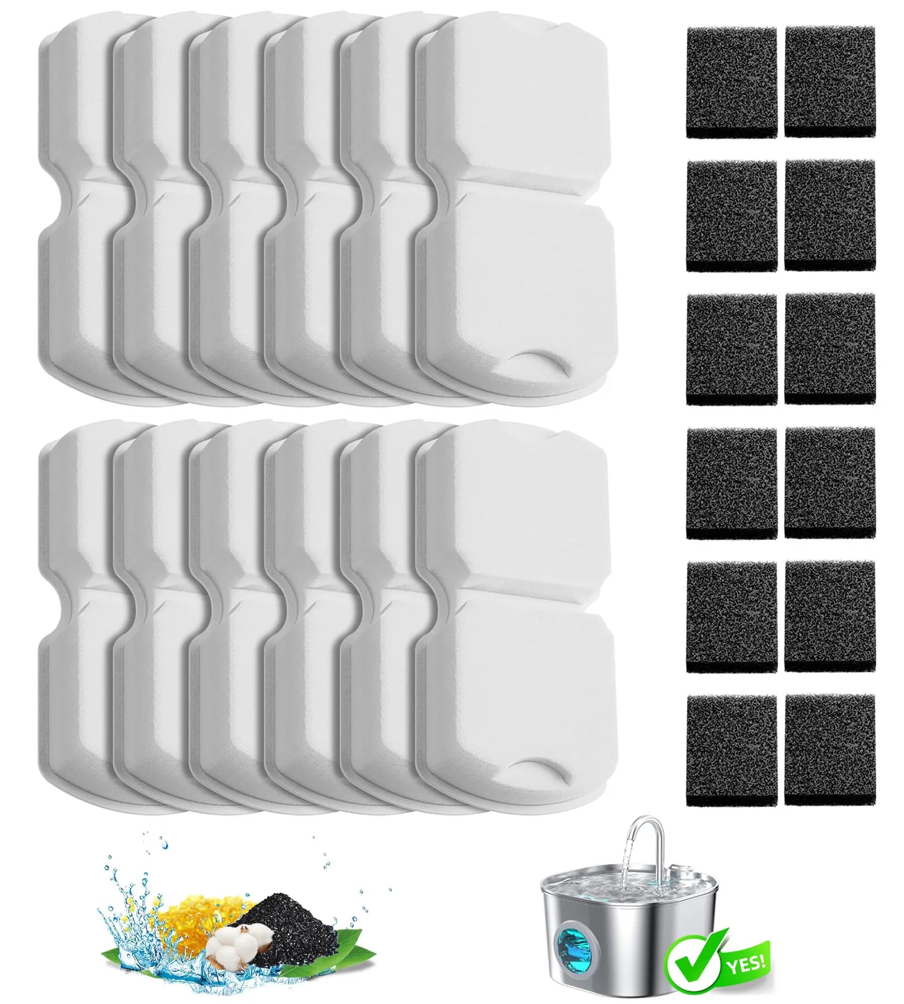 12/20Packs Pet Cat Water Fountain Replacement Carbon Filters & Sponges Set for S15/S15-Pro/S15-Plus/S15-L Hooise Water Dispenser